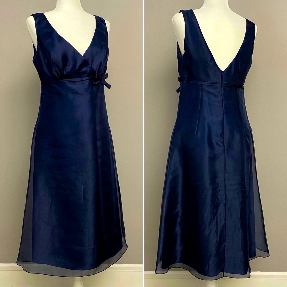 After Six Sleeveless Tea Length Navy Organza Bridesmaid Dress Size 8